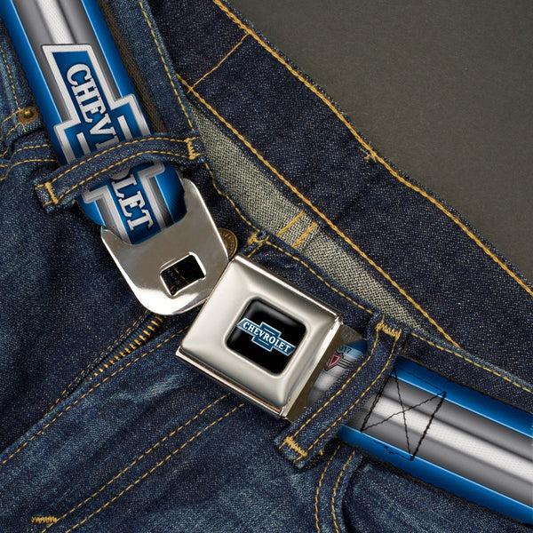 Buckle-Down 1929 Chevrolet Bowtie Logo Full Color Black Silver Blue Seatbelt Belt - 1929 Chevrolet Bowtie Logo/Stripe Blue/Silver/Blue Webbing