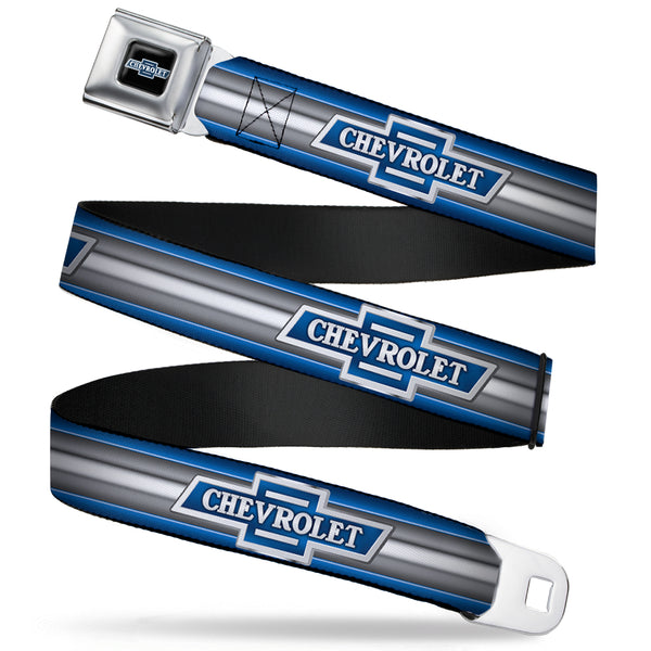Buckle-Down 1929 Chevrolet Bowtie Logo Full Color Black Silver Blue Seatbelt Belt - 1929 Chevrolet Bowtie Logo/Stripe Blue/Silver/Blue Webbing