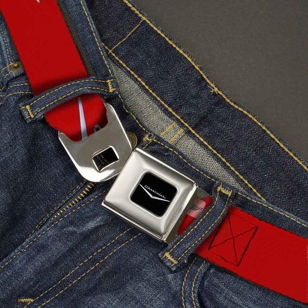 Buckle-Down 1955-57 CHEVROLET V Emblem Full Color Black Silver Seatbelt Belt - 1955-57 CHEVROLET V Emblem Red/Silver Webbing
