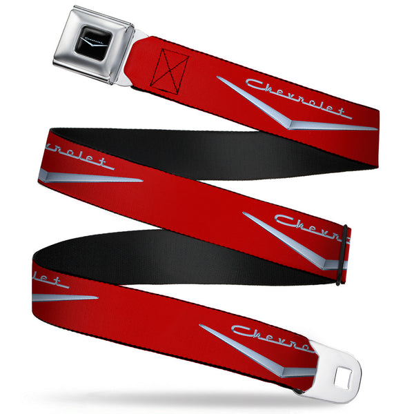Buckle-Down 1955-57 CHEVROLET V Emblem Full Color Black Silver Seatbelt Belt - 1955-57 CHEVROLET V Emblem Red/Silver Webbing