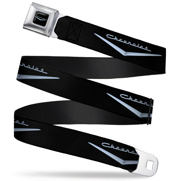 Buckle-Down 1955-57 CHEVROLET V Emblem Full Color Black Silver Seatbelt Belt - 1955-57 CHEVROLET V Emblem Black/Silver Webbing