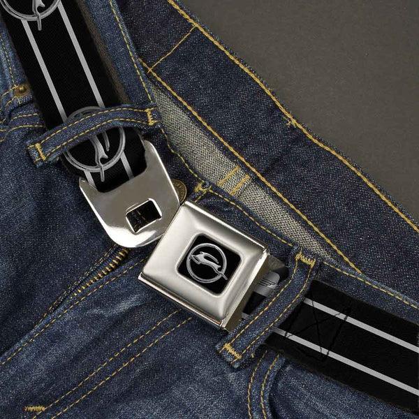 Buckle-Down 1962 Chevrolet Impala Deer Emblem Full Color Black Silver Seatbelt Belt - 1962 Chevrolet Impala Deer Emblem/Stripe Black/Silver Webbing