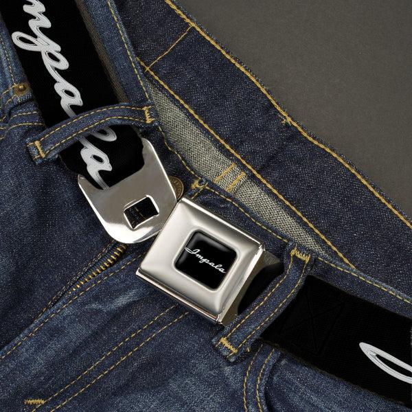 Buckle-Down 1962 IMPALA Script Emblem Full Color Black Silver Seatbelt Belt - 1962 IMPALA Script Emblem Black/Silver Webbing