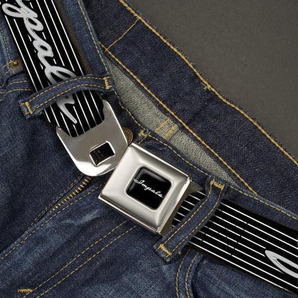Buckle-Down 1962 IMPALA Script Emblem Full Color Black Silver Seatbelt Belt - 1962 IMPALA Script Emblem/Stripe Black/White/Silver Webbing