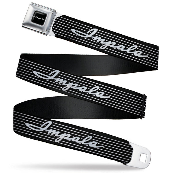 Buckle-Down 1962 IMPALA Script Emblem Full Color Black Silver Seatbelt Belt - 1962 IMPALA Script Emblem/Stripe Black/White/Silver Webbing