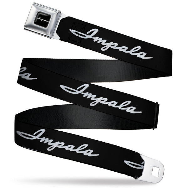 Buckle-Down 1962 IMPALA Script Emblem Full Color Black Silver Seatbelt Belt - 1962 IMPALA Script Emblem Black/Silver Webbing