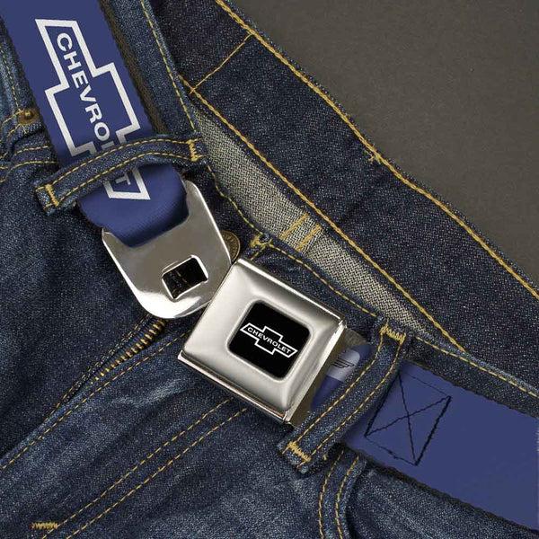 Buckle-Down 1965 CHEVROLET Bowtie Full Color Black White Seatbelt Belt - 1965 CHEVROLET Bowtie Blue/White Webbing