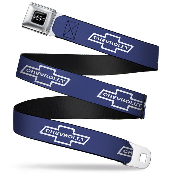 Buckle-Down 1965 CHEVROLET Bowtie Full Color Black White Seatbelt Belt - 1965 CHEVROLET Bowtie Blue/White Webbing