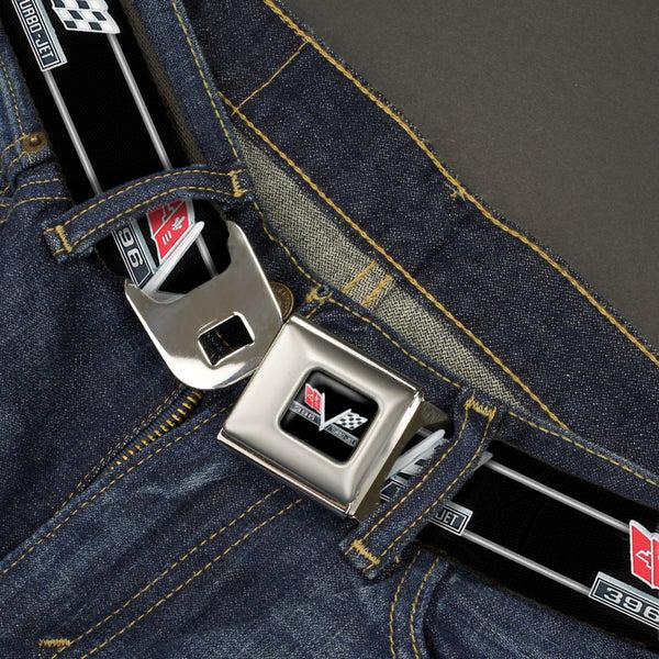 Buckle-Down 1967 Impala 396 TURBO-JET V Emblem Full Color Black Silver Red White Seatbelt Belt - 1967 Impala 396 TURBO-JET V Emblem/Stripe Black/Silver/Red/White Webbing