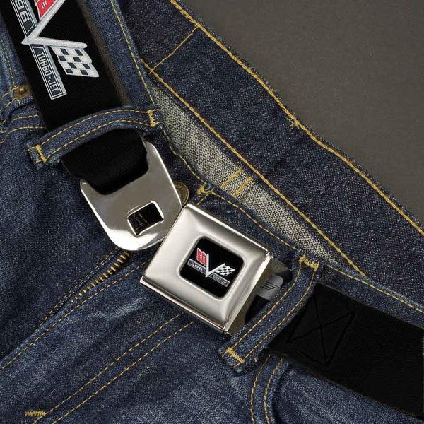 Buckle-Down 1967 Impala 396 TURBO-JET V Emblem Full Color Black Silver Red White Seatbelt Belt - 1967 Impala 396 TURBO-JET V Emblem Black/Silver/Red/White Webbing