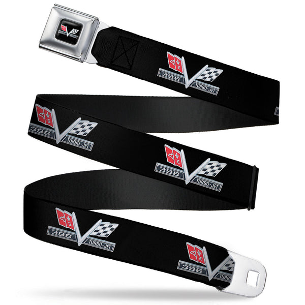 Buckle-Down 1967 Impala 396 TURBO-JET V Emblem Full Color Black Silver Red White Seatbelt Belt - 1967 Impala 396 TURBO-JET V Emblem Black/Silver/Red/White Webbing