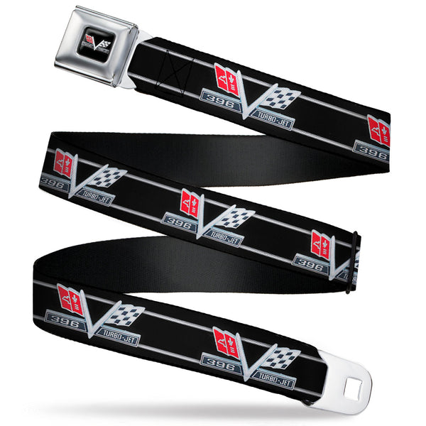 Buckle-Down 1967 Impala 396 TURBO-JET V Emblem Full Color Black Silver Red White Seatbelt Belt - 1967 Impala 396 TURBO-JET V Emblem/Stripe Black/Silver/Red/White Webbing