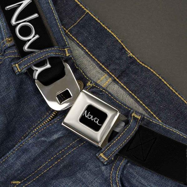 Buckle-Down 1968-72 NOVA Script Emblem Full Color Black Silver Seatbelt Belt - 1968-72 NOVA Script Emblem Black/Silver Webbing