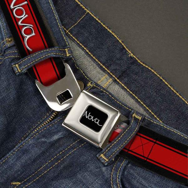 Buckle-Down 1968-72 NOVA Script Emblem Full Color Black Silver Seatbelt Belt - 1968-72 NOVA Script Emblem/Stripe Black/Red/Silver Webbing