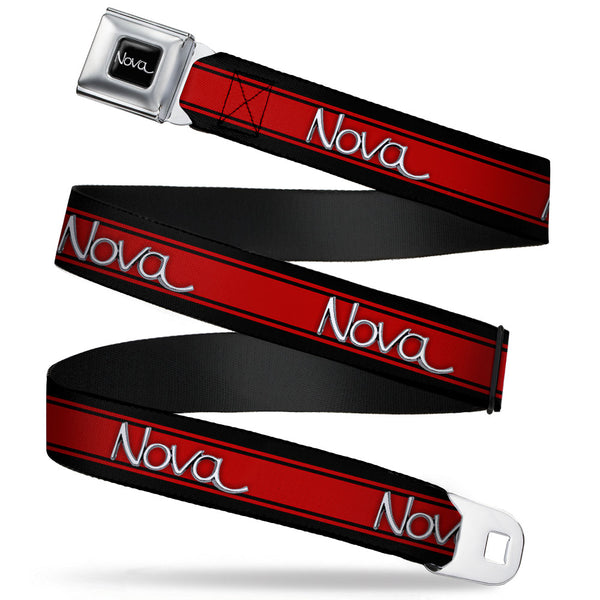 Buckle-Down 1968-72 NOVA Script Emblem Full Color Black Silver Seatbelt Belt - 1968-72 NOVA Script Emblem/Stripe Black/Red/Silver Webbing