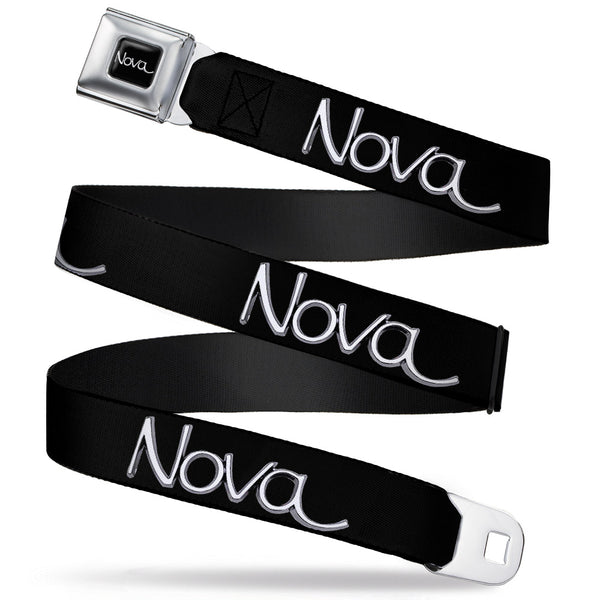 Buckle-Down 1968-72 NOVA Script Emblem Full Color Black Silver Seatbelt Belt - 1968-72 NOVA Script Emblem Black/Silver Webbing
