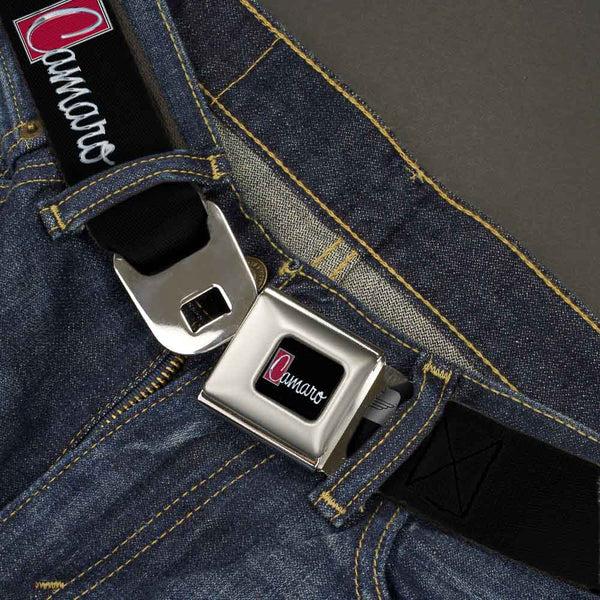 Buckle-Down 1972 CAMARO Script Emblem Full Color Black Silver Reds Seatbelt Belt - 1972 CAMARO Script Emblem Black/Silver/Reds Webbing