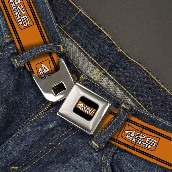 Buckle-Down 426 HEMI Badge Full Color Black White Orange Seatbelt Belt - 426 HEMI Badge/Stripes Weathered Orange/Black/White Webbing