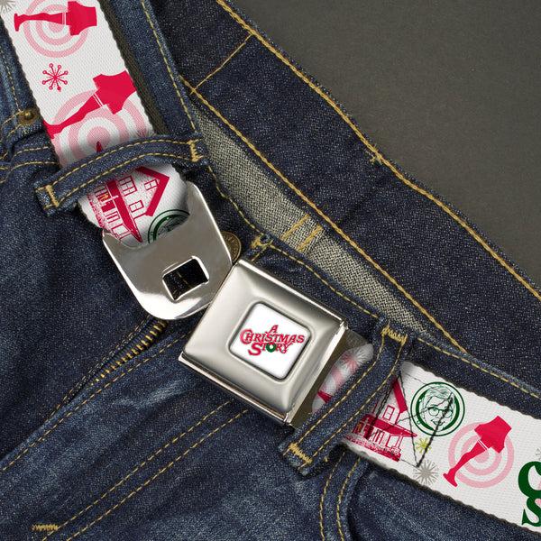 Buckle-Down A CHRISTMAS STORY Wreath Logo Full Color White Seatbelt Belt - A Christmas Story Icons Collage White/Reds/Greens Webbing