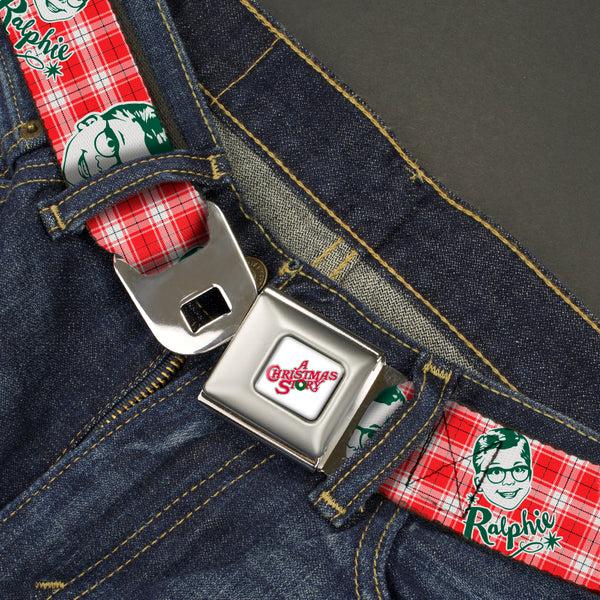 Buckle-Down A CHRISTMAS STORY Wreath Logo Full Color White Seatbelt Belt - A Christmas Story RALPHIE Smiling Face Plaid Red/White/Green Webbing