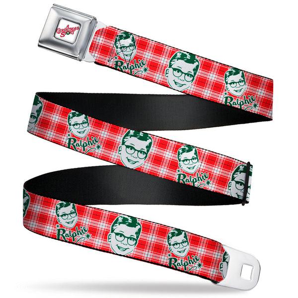 Buckle-Down A CHRISTMAS STORY Wreath Logo Full Color White Seatbelt Belt - A Christmas Story RALPHIE Smiling Face Plaid Red/White/Green Webbing