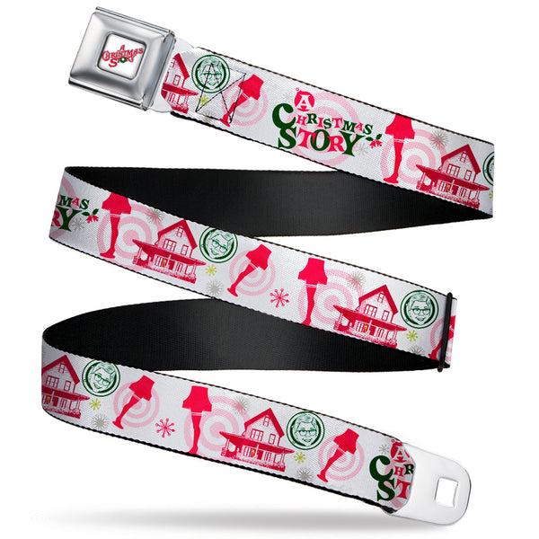 Buckle-Down A CHRISTMAS STORY Wreath Logo Full Color White Seatbelt Belt - A Christmas Story Icons Collage White/Reds/Greens Webbing