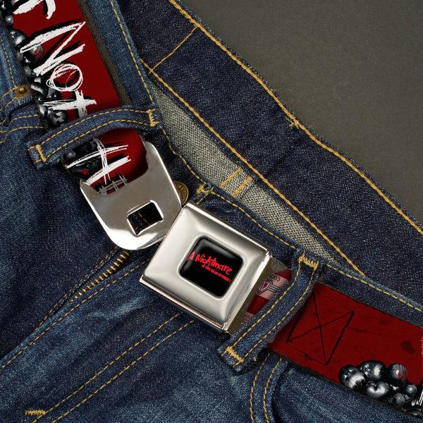 Buckle-Down A NIGHTMARE ON ELM STREET Full Color Black/Blood Splatter Reds Seatbelt Belt - A NIGHTMARE ON ELM STREET/READY OR NOT HERE I COME/Freddy Pose/Skulls Reds/Black/Grays/White Webbing