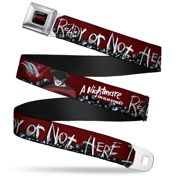 Buckle-Down A NIGHTMARE ON ELM STREET Full Color Black/Blood Splatter Reds Seatbelt Belt - A NIGHTMARE ON ELM STREET/READY OR NOT HERE I COME/Freddy Pose/Skulls Reds/Black/Grays/White Webbing