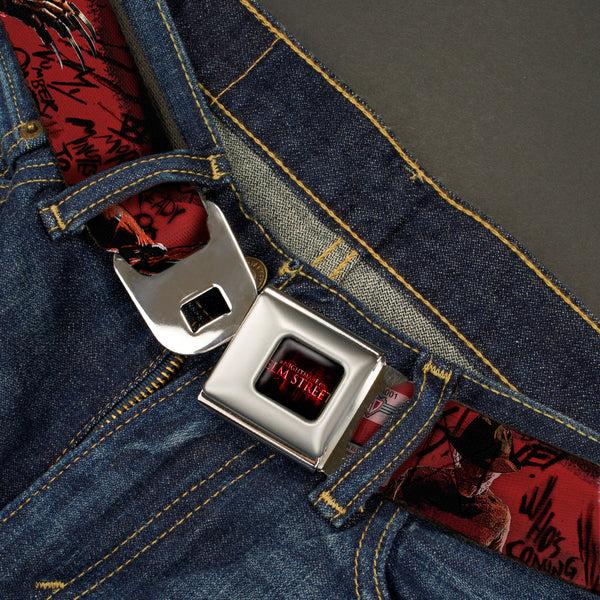 Buckle-Down A NIGHTMARE ON ELM STREET Logo Full Color Black/Reds Seatbelt Belt - Freddy 4-Poses/Quote Scrawls/Hand Scratching Reds/Black Webbing
