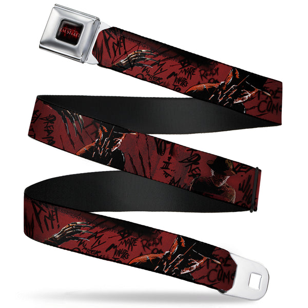 Buckle-Down A NIGHTMARE ON ELM STREET Logo Full Color Black/Reds Seatbelt Belt - Freddy 4-Poses/Quote Scrawls/Hand Scratching Reds/Black Webbing