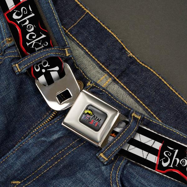 Buckle-Down AAAHH REAL MONSTERS Logo Full Color Black Fade Seatbelt Belt - Oblina Poses SHOCKING Stripe Black/White Webbing