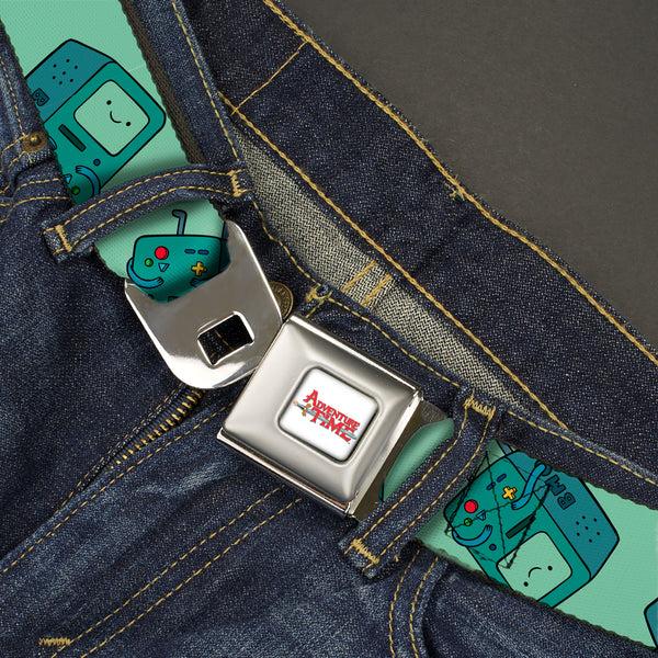Buckle-Down ADVENTURE TIME Title Logo Full Color White Seatbelt Belt - Adventure Time BMO Pose Flips Seafoam Green Webbing