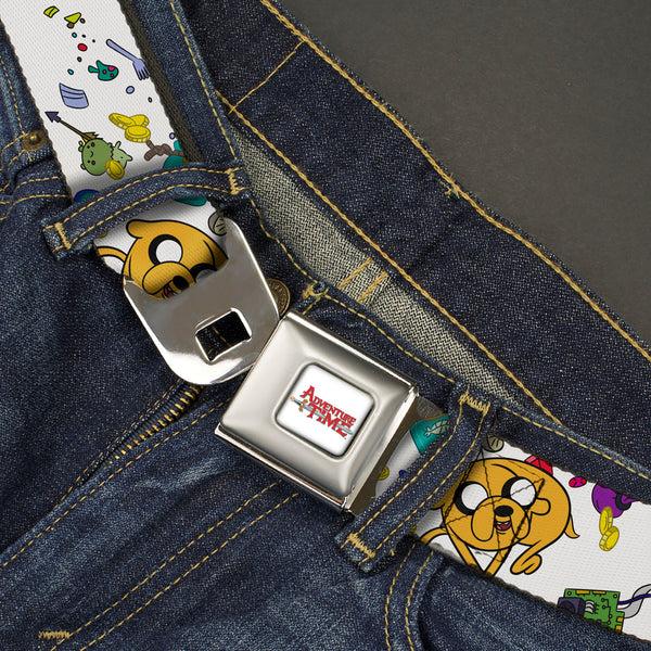 Buckle-Down ADVENTURE TIME Title Logo Full Color White Seatbelt Belt - Adventure Time Jake And Finn Open Pack Pose White Webbing