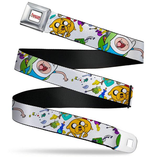 Buckle-Down ADVENTURE TIME Title Logo Full Color White Seatbelt Belt - Adventure Time Jake and Finn Open Pack Pose White Webbing