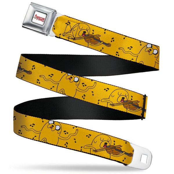 Buckle-Down ADVENTURE TIME Title Logo Full Color White Seatbelt Belt - Adventure Time Jake Dancing and Violin Poses Yellow Webbing