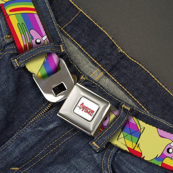 Buckle-Down ADVENTURE TIME Title Logo Full Color White Seatbelt Belt - Adventure Time Lady Raincorn Poses Stripe Rainbow Webbing