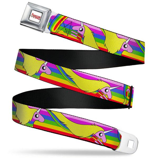 Buckle-Down ADVENTURE TIME Title Logo Full Color White Seatbelt Belt - Adventure Time Lady Raincorn Poses Stripe Rainbow Webbing
