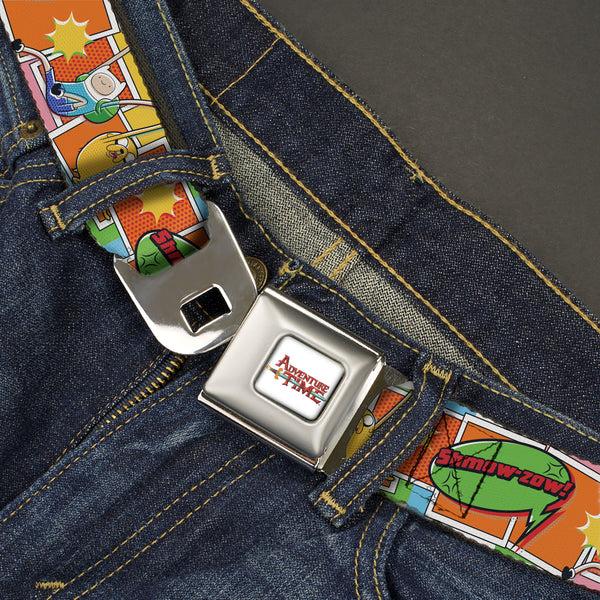 Buckle-Down ADVENTURE TIME Title Logo Full Color White Seatbelt Belt - Adventure Time Finn And Jake SHMOW-ZOW Comic Pose Orange Webbing