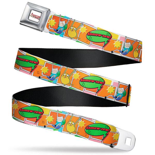 Buckle-Down ADVENTURE TIME Title Logo Full Color White Seatbelt Belt - Adventure Time Finn and Jake SHMOW-ZOW Comic Pose Orange Webbing