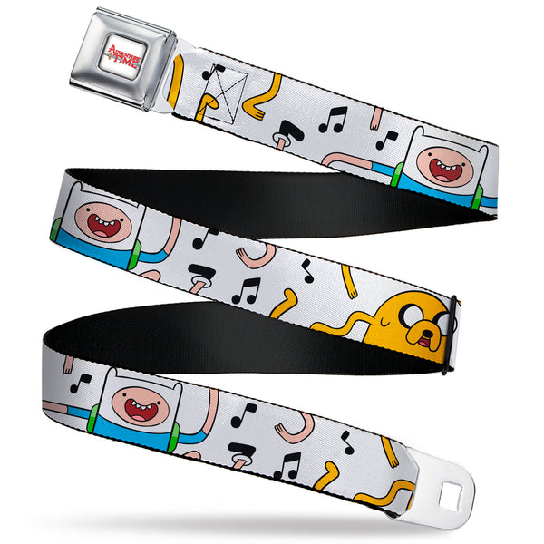 Buckle-Down ADVENTURE TIME Title Logo Full Color White Seatbelt Belt - Adventure Time Finn and Jake Dancing Poses and Music Notes White Webbing