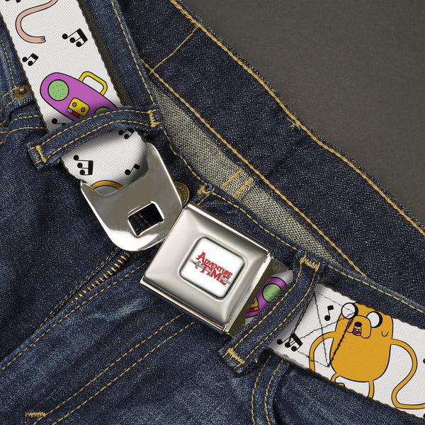 Buckle-Down ADVENTURE TIME Title Logo Full Color White Seatbelt Belt - Adventure Time Finn And Jake Long Arms Dancing Pose White Webbing