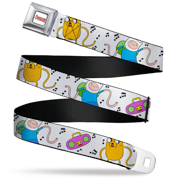 Buckle-Down ADVENTURE TIME Title Logo Full Color White Seatbelt Belt - Adventure Time Finn and Jake Long Arms Dancing Pose White Webbing