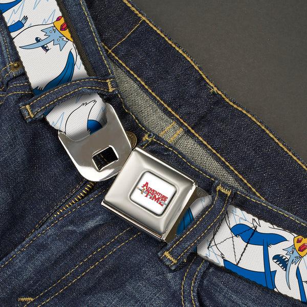 Buckle-Down ADVENTURE TIME Title Logo Full Color White Seatbelt Belt - Adventure Time Ice King Poses And Bolts White/Blue Webbing