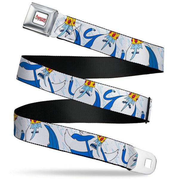 Buckle-Down ADVENTURE TIME Title Logo Full Color White Seatbelt Belt - Adventure Time Ice King Poses and Bolts White/Blue Webbing