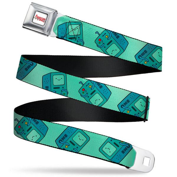 Buckle-Down ADVENTURE TIME Title Logo Full Color White Seatbelt Belt - Adventure Time BMO Pose Flips Seafoam Green Webbing