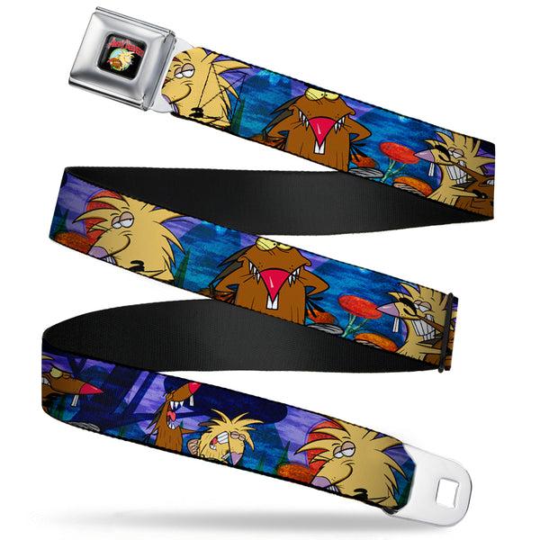 Buckle-Down Angry Beavers Logo Full Color Black Seatbelt Belt - Daggett & Norbert Poses Blue Mountains Webbing