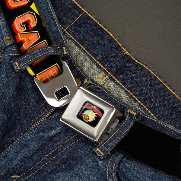 Buckle-Down Angry Beavers Logo Full Color Black Seatbelt Belt - Norbett & Daggett Pose NOW YOU CAN PANIC Black/Yellow/Red Webbing