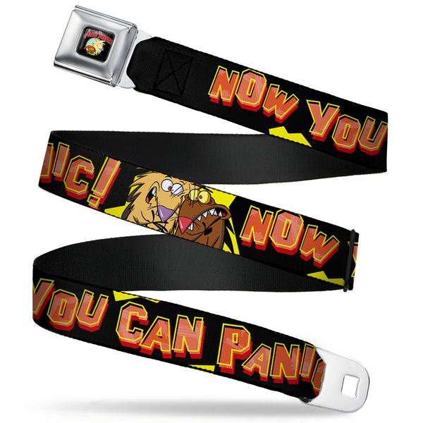 Buckle-Down Angry Beavers Logo Full Color Black Seatbelt Belt - Norbett & Daggett Pose NOW YOU CAN PANIC Black/Yellow/Red Webbing