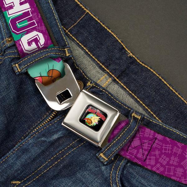Buckle-Down Angry Beavers Logo Full Color Black Seatbelt Belt - Norbert Hugging Daggett COME ON BRO HUG Purples/Teal/White Webbing