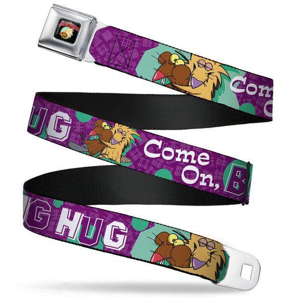 Buckle-Down Angry Beavers Logo Full Color Black Seatbelt Belt - Norbert Hugging Daggett COME ON BRO HUG Purples/Teal/White Webbing